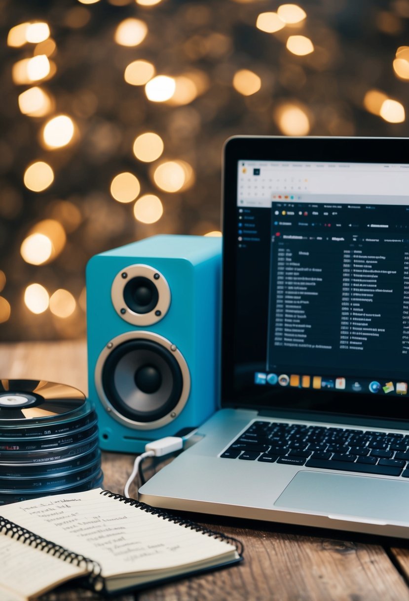 A laptop connected to speakers, surrounded by a stack of CDs and a notebook filled with song titles