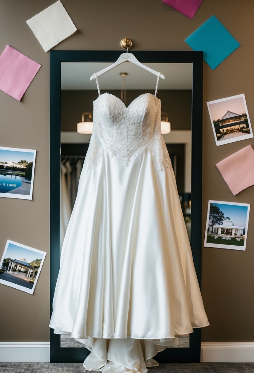 A plus size wedding dress hanging in front of a mirror, surrounded by swatches of fabric and venue photos