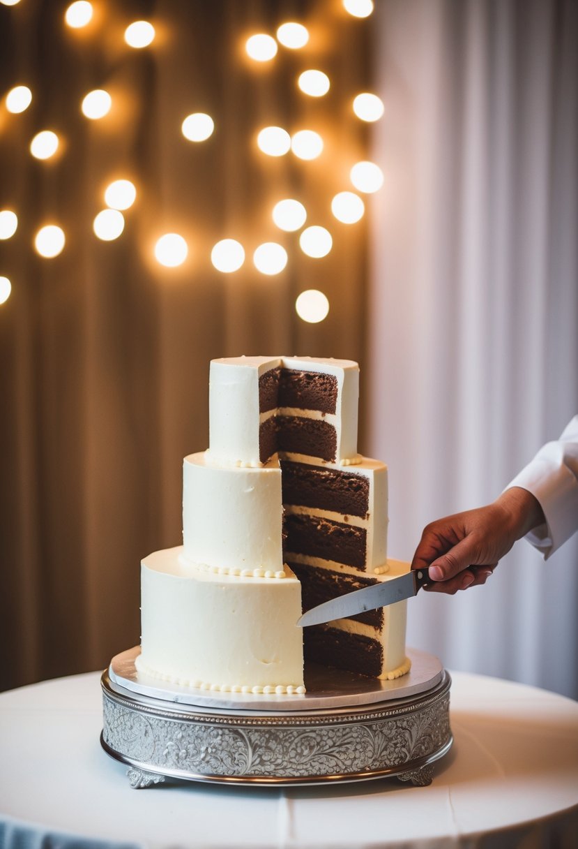 A wedding cake being cut into slices with a simple knife on a decorated table