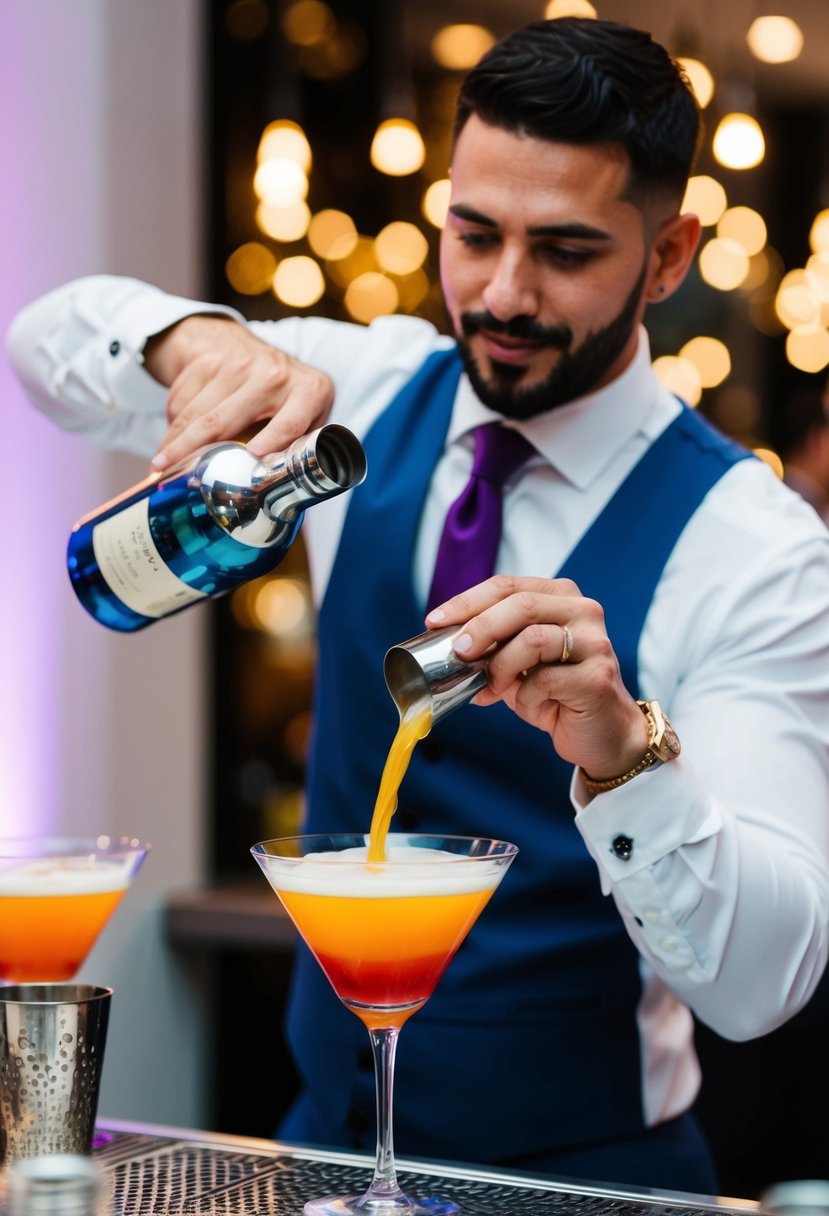 A bartender pours a colorful signature cocktail into a sleek glass at a stylish and budget-friendly wedding reception