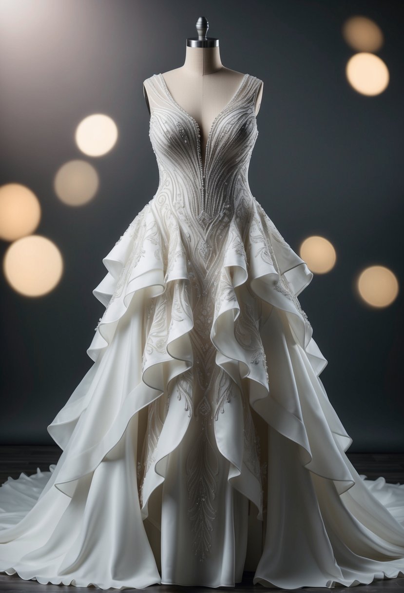 A flowing plus-size wedding dress with intricate layered designs cascading down the gown, creating a sense of movement and elegance