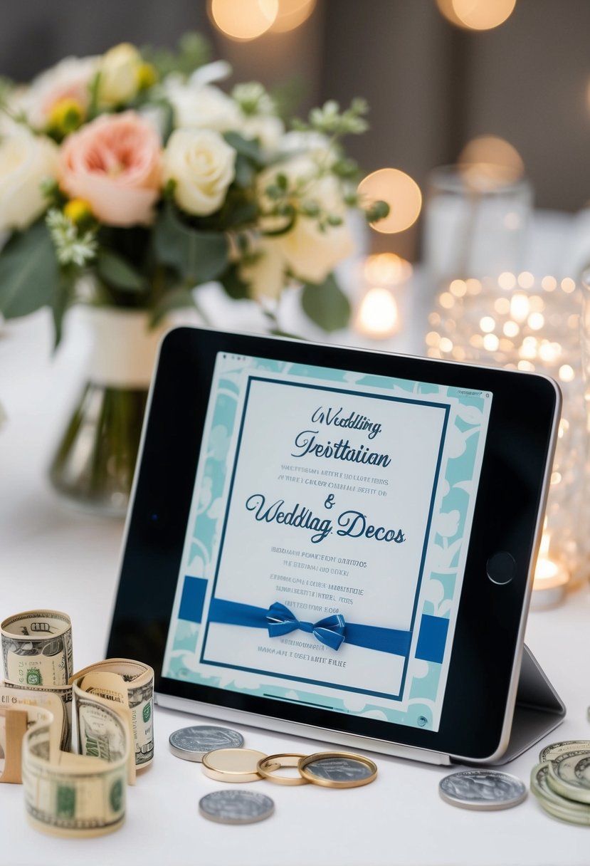 A digital device with a wedding invitation on the screen, surrounded by budget-friendly wedding decor and money-saving tips