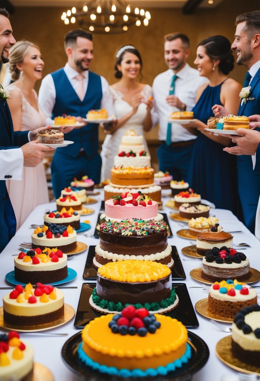 A festive table with an array of colorful, decadent cakes and desserts, surrounded by cheerful wedding guests enjoying the affordable treats