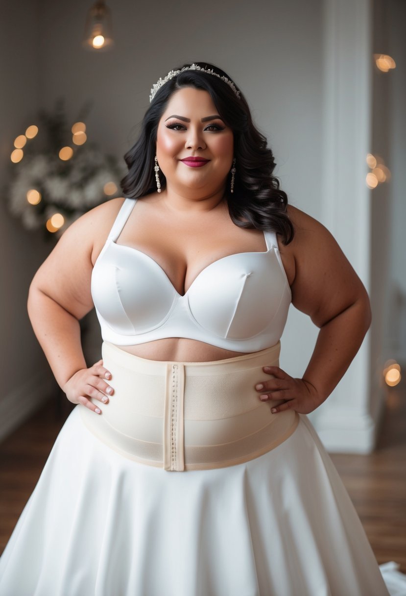 A plus size wedding dress with built-in shapewear, emphasizing support and comfort for the wearer