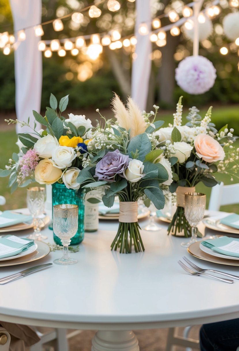 A table adorned with assorted fake flower bouquets, surrounded by budget-friendly wedding decor