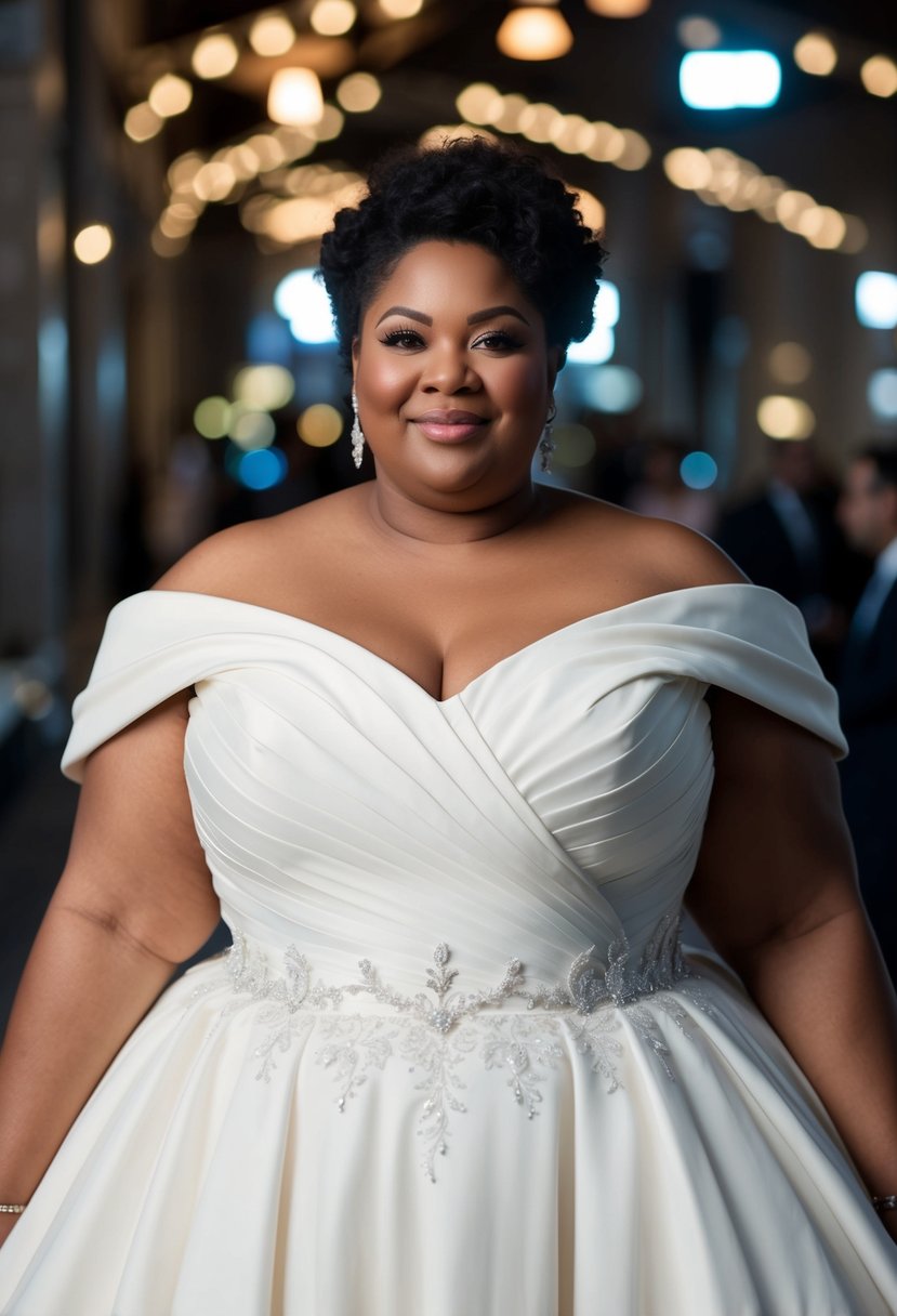 A plus-size ball gown wedding dress drapes elegantly over broad shoulders, drawing attention to the neckline and upper body