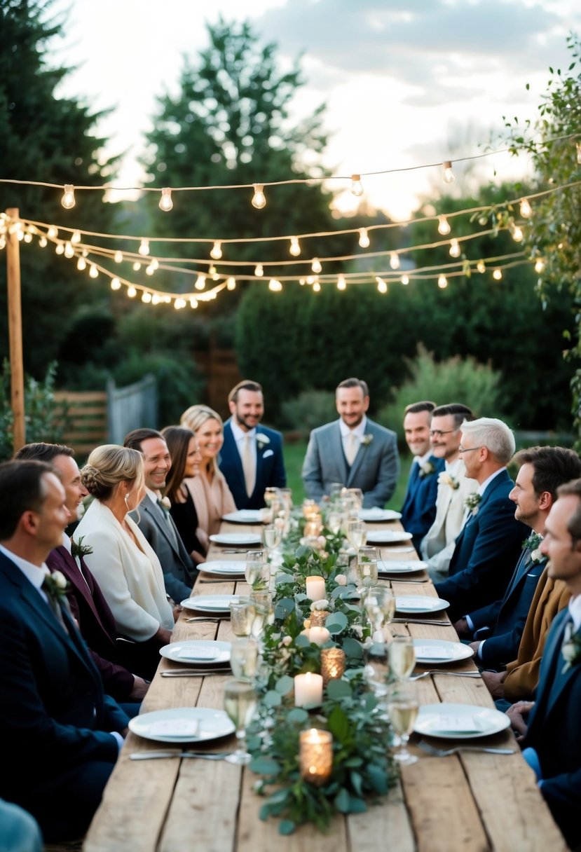 A cozy backyard wedding with a small guest list gathered around a rustic wooden table adorned with simple yet elegant decorations