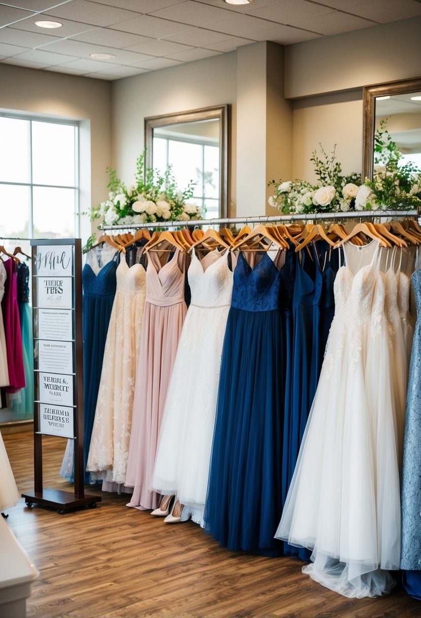 A bridal boutique with racks of customizable plus-size wedding dresses, accompanied by a display of helpful tips and advice