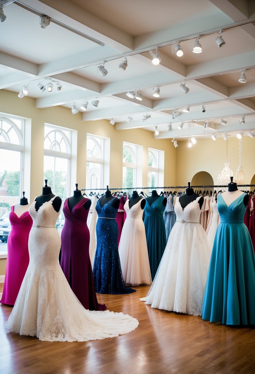 A bright, spacious bridal shop with a diverse range of plus-size wedding dresses on display. Mannequins showcase elegant gowns in various styles and colors