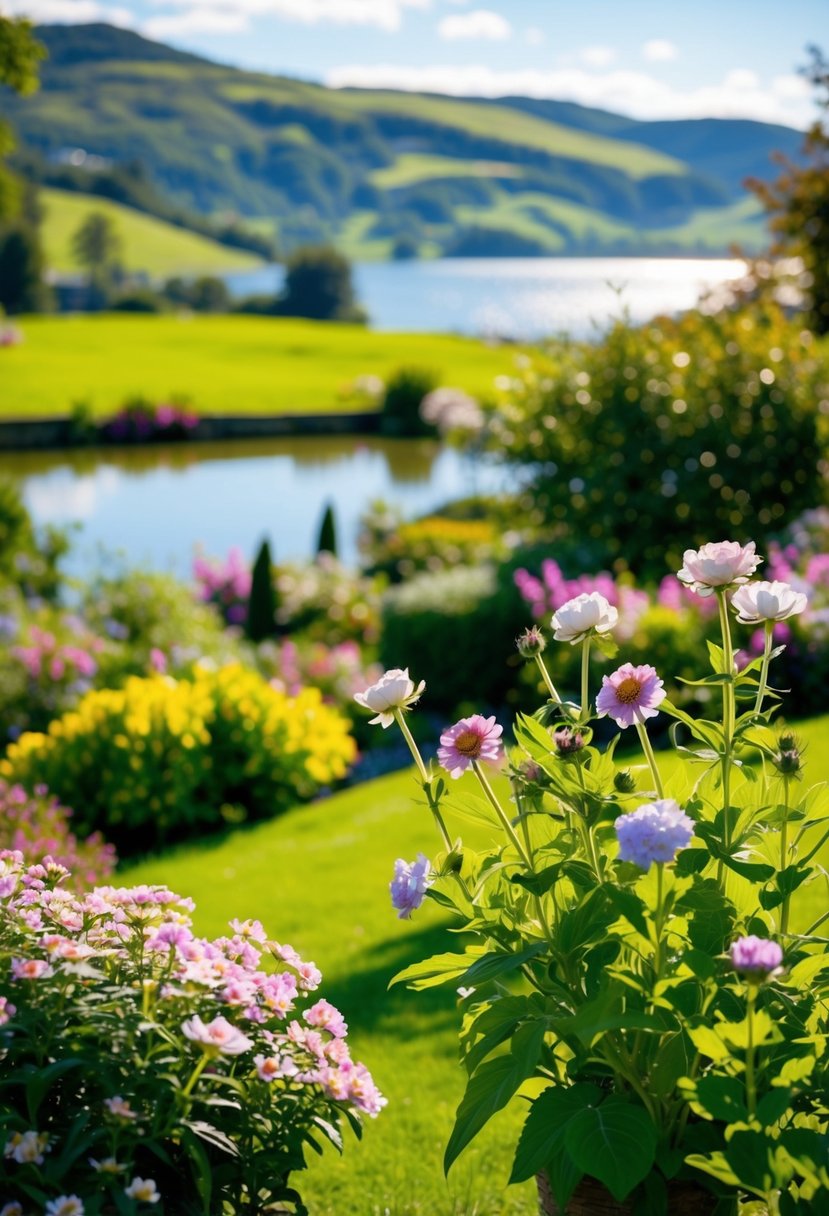 A serene outdoor garden with blooming flowers, lush greenery, and a picturesque backdrop of rolling hills and a shimmering lake