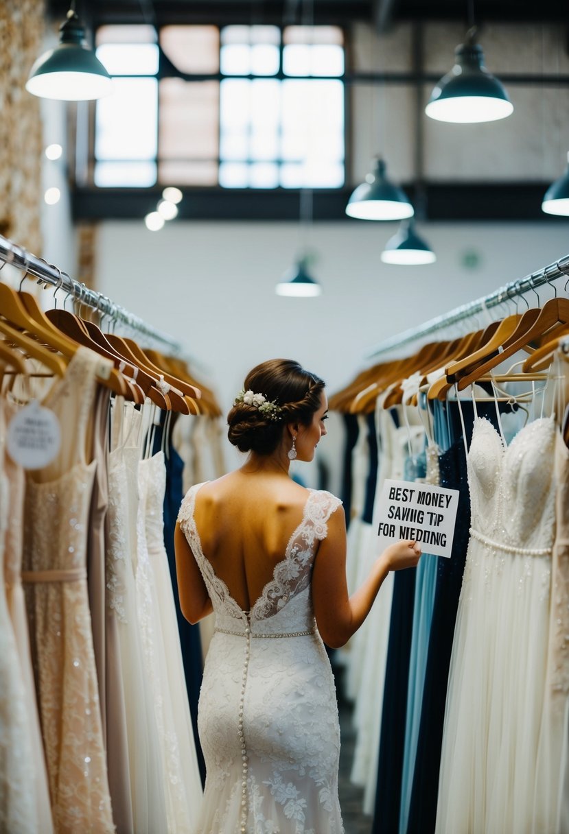 A bride browsing through racks of wedding dresses at a rental shop, with a price tag labeled "best money saving tip for wedding."