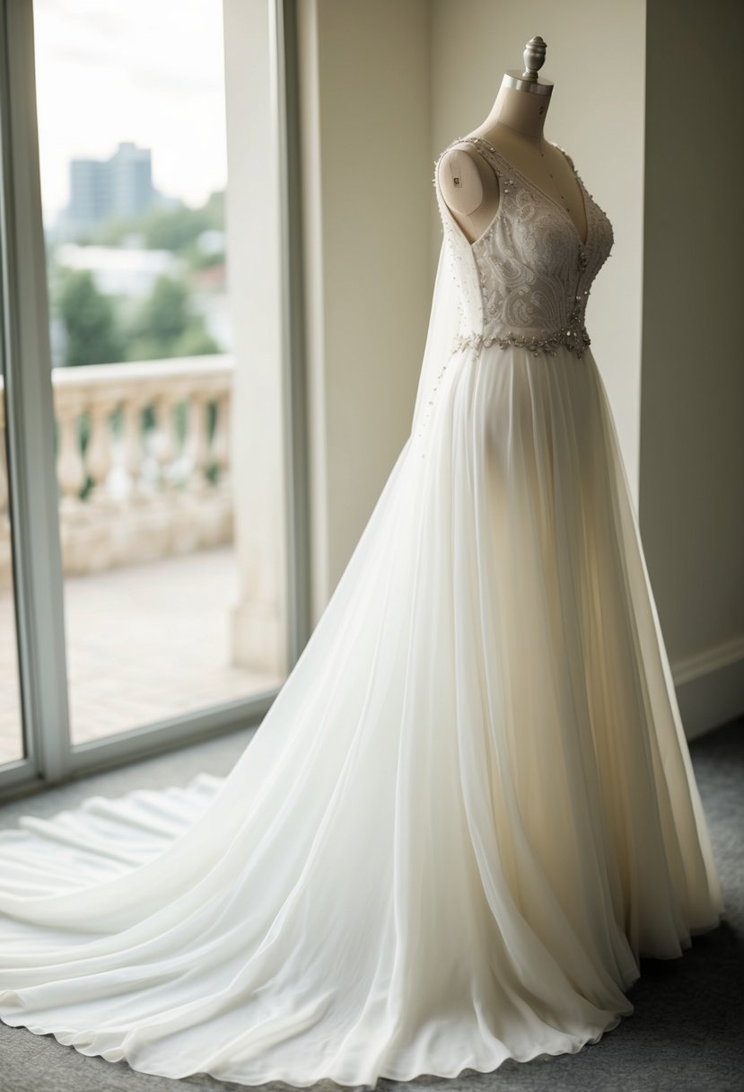 A flowing, lightweight fabric wedding dress on a mannequin with delicate lace and beading details