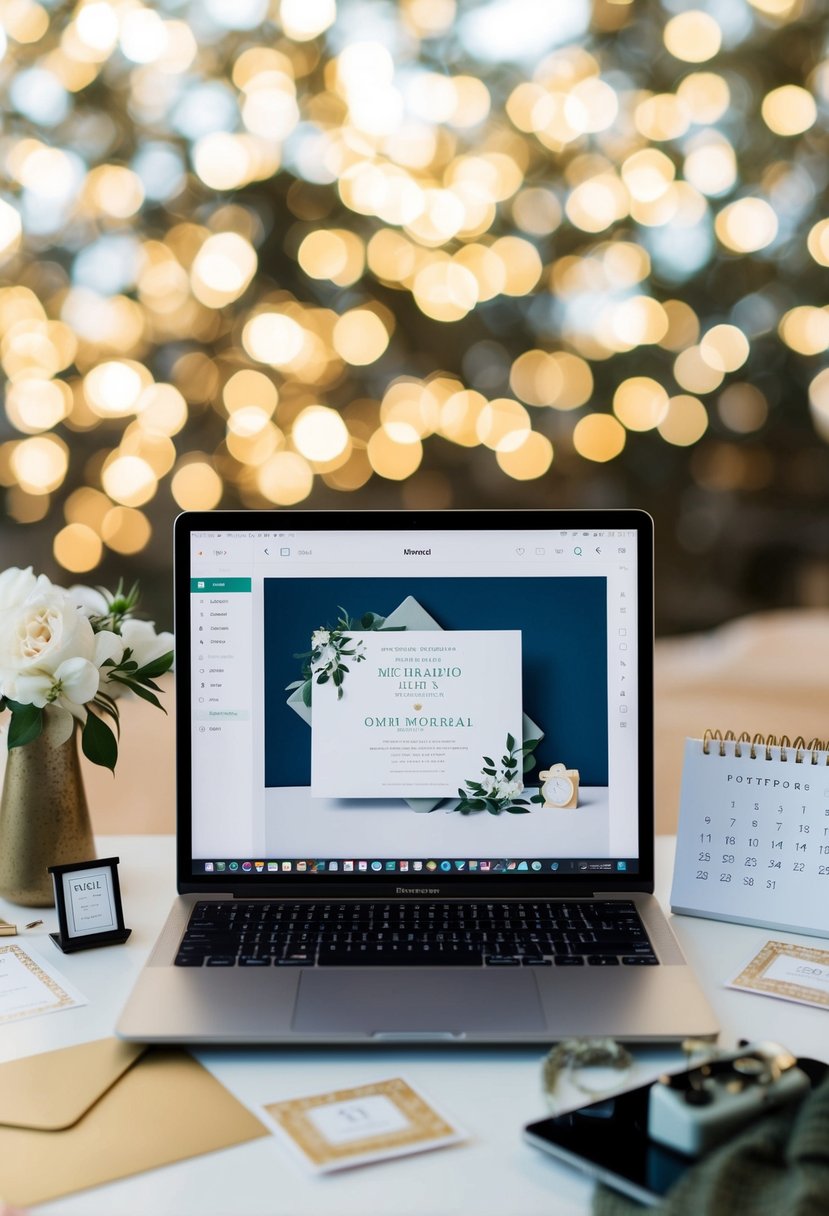 A laptop with a wedding invitation design on the screen, surrounded by envelopes, stamps, and a digital calendar