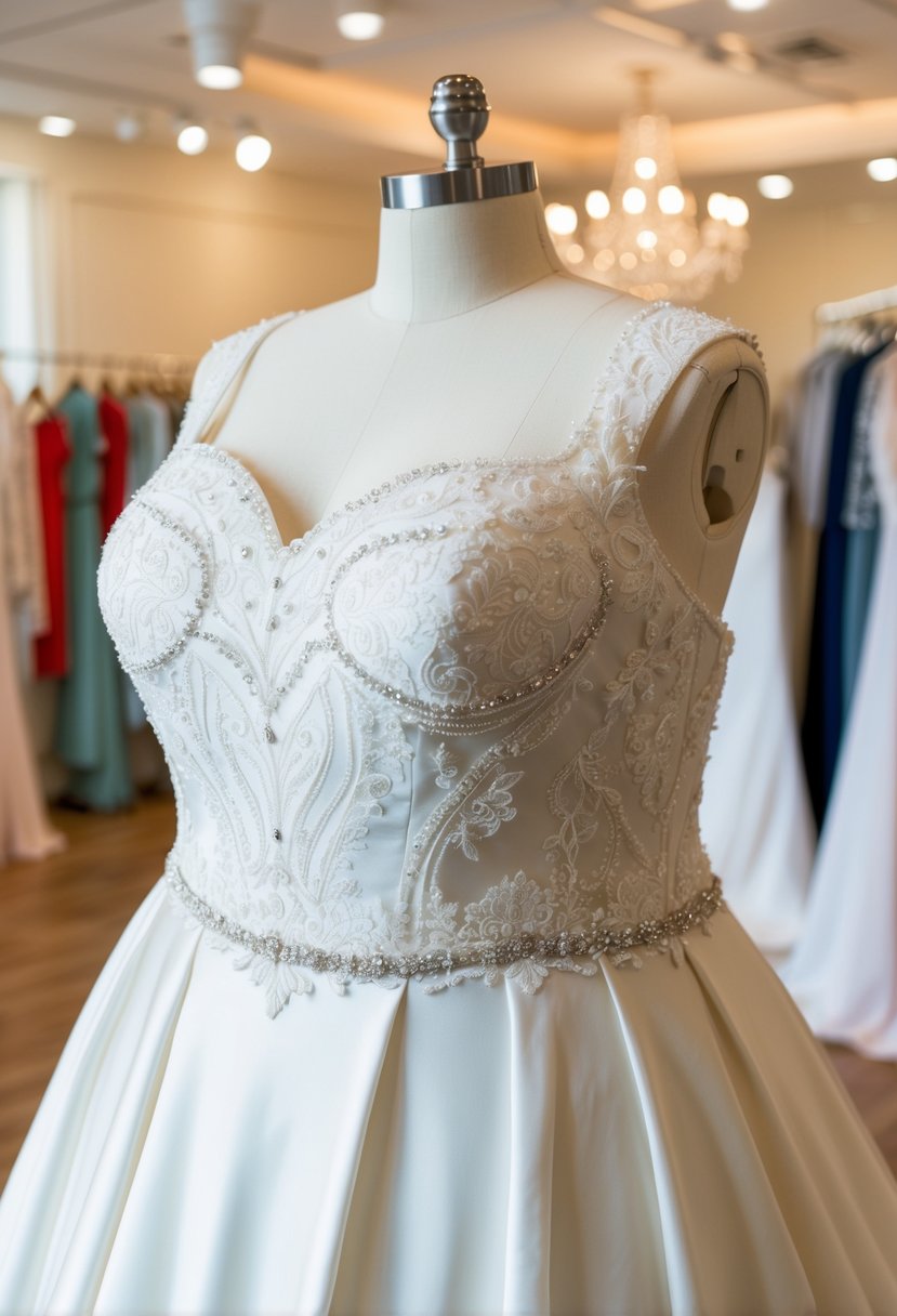 A plus-size wedding dress with structured, tailored design, featuring intricate lace and beadwork, displayed on a mannequin in a bright, elegant bridal boutique