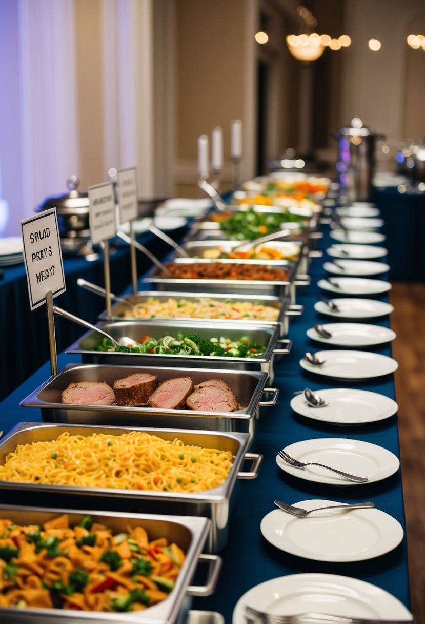 A long buffet table with a variety of food options, including salads, pasta, and meats. Signs indicate the dishes and portion sizes. Plates and utensils are neatly arranged nearby