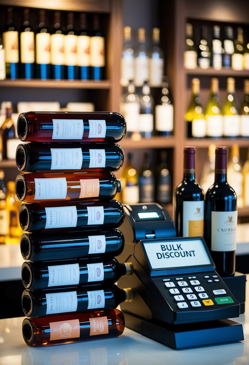 A stack of wine and liquor bottles next to a cash register with a "bulk discount" sign