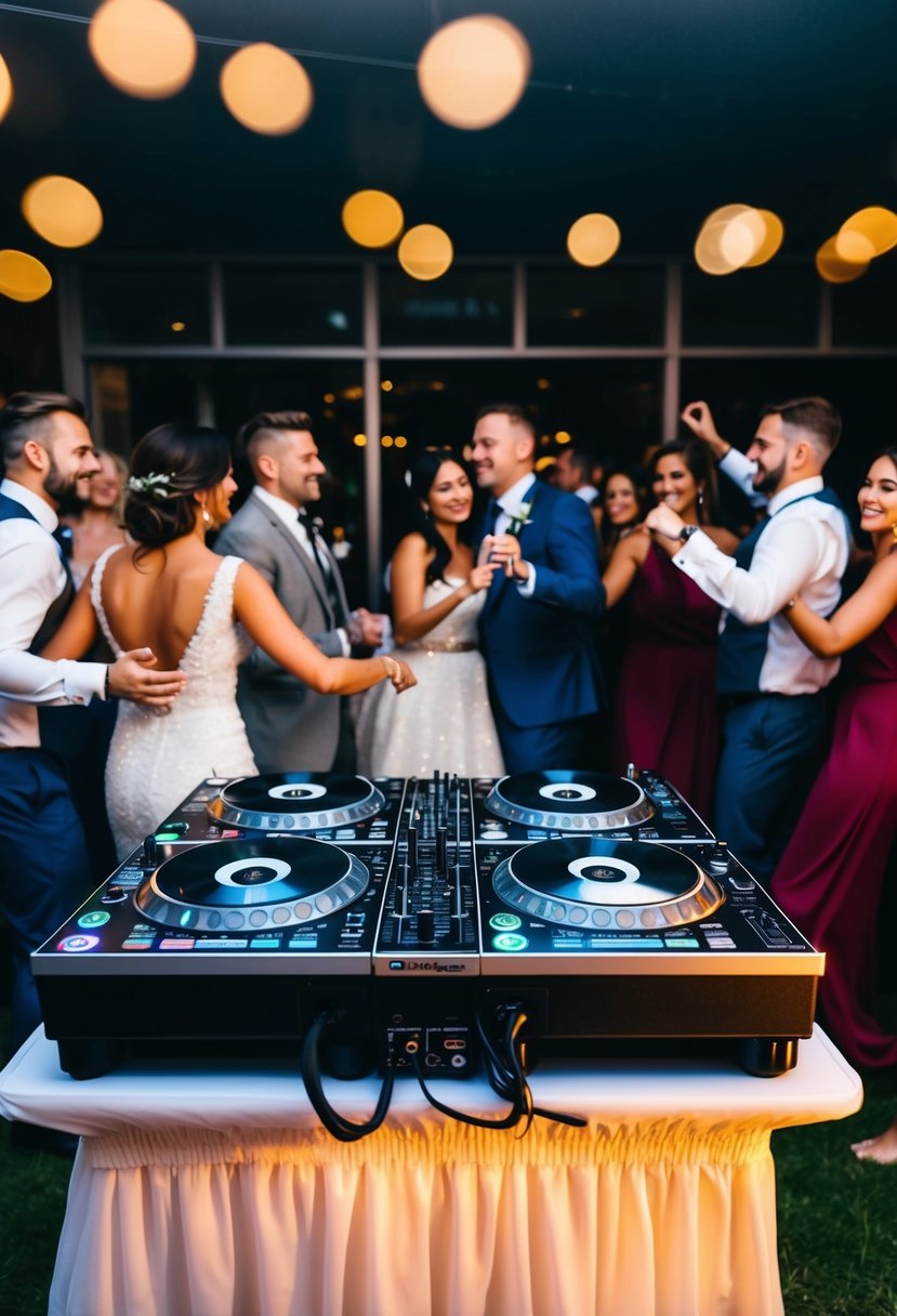 A DJ booth set up with turntables and speakers, surrounded by dancing wedding guests