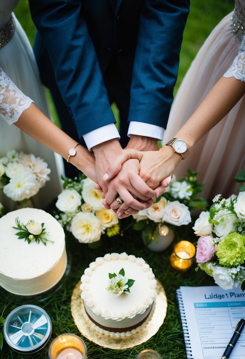 A couple holding hands surrounded by various wedding-related items, such as flowers, a cake, and a budget planner