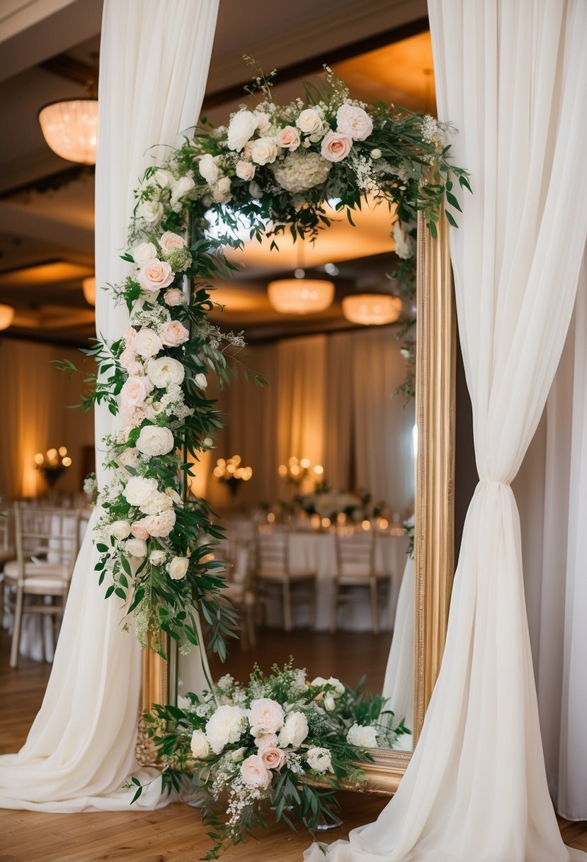 A vintage mirror adorned with delicate flowers and draped in flowing fabric, reflecting the romantic ambiance of a wedding reception