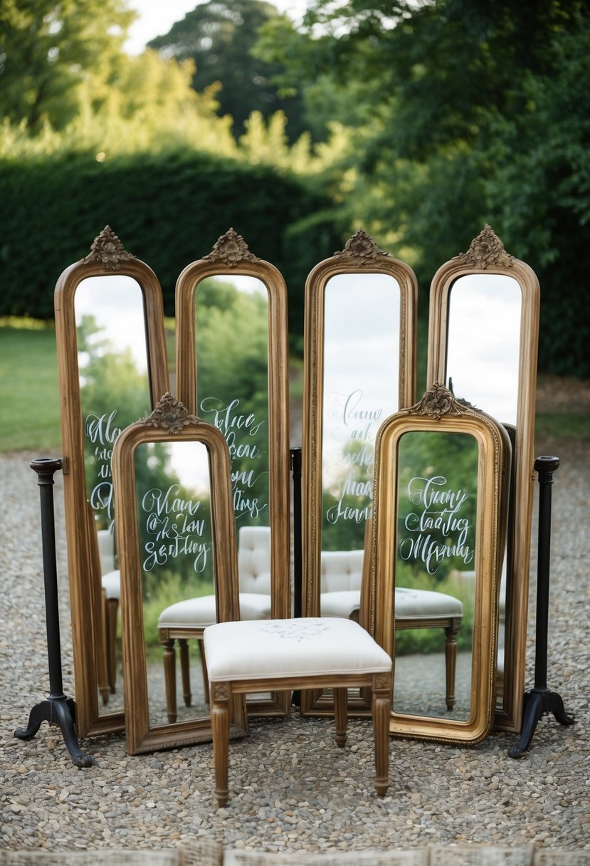 Vintage mirrors arranged in a rustic outdoor setting, reflecting the surrounding greenery, with elegant calligraphy indicating seating arrangements