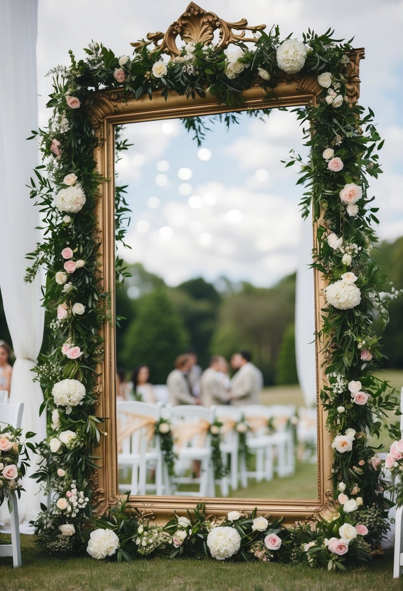 Floral garlands adorn ornate mirror frames at a wedding