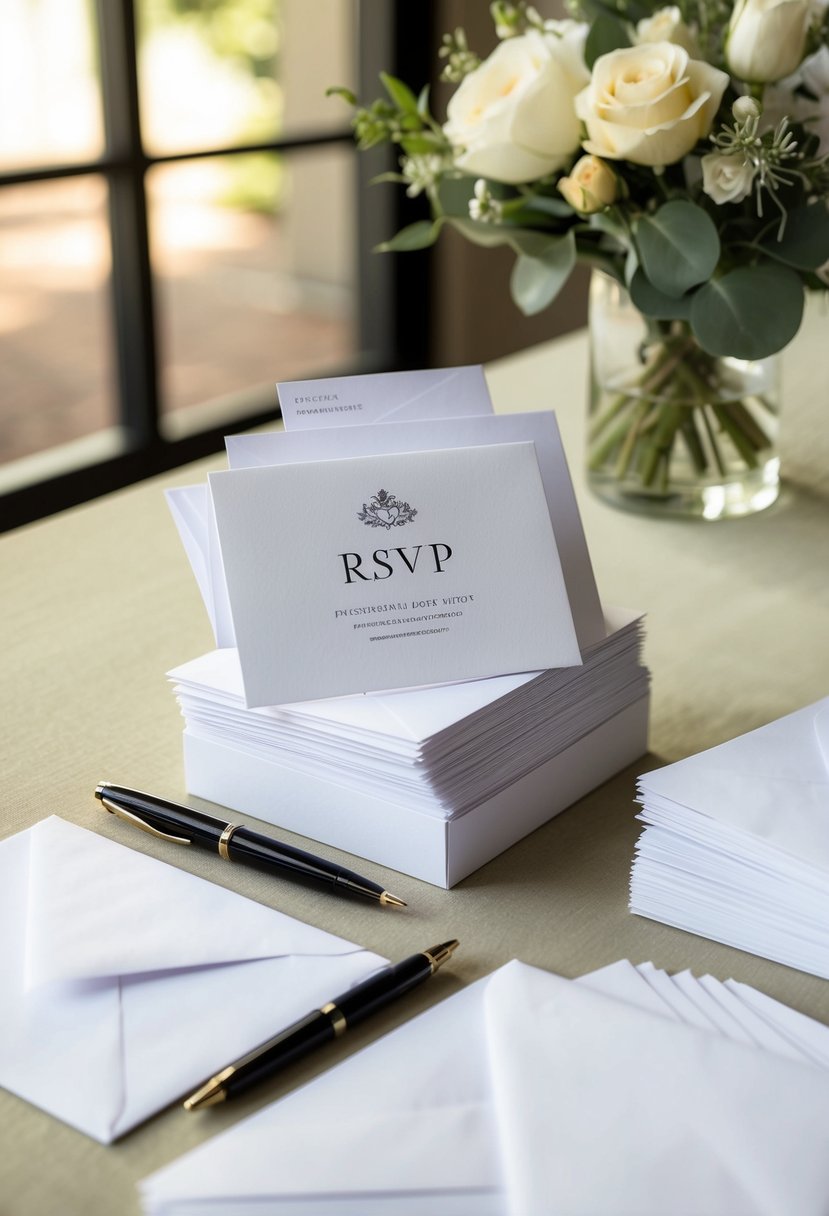 A pile of elegant wedding RSVP cards with various designs and envelopes, arranged neatly on a table next to a pen and a stack of blank envelopes