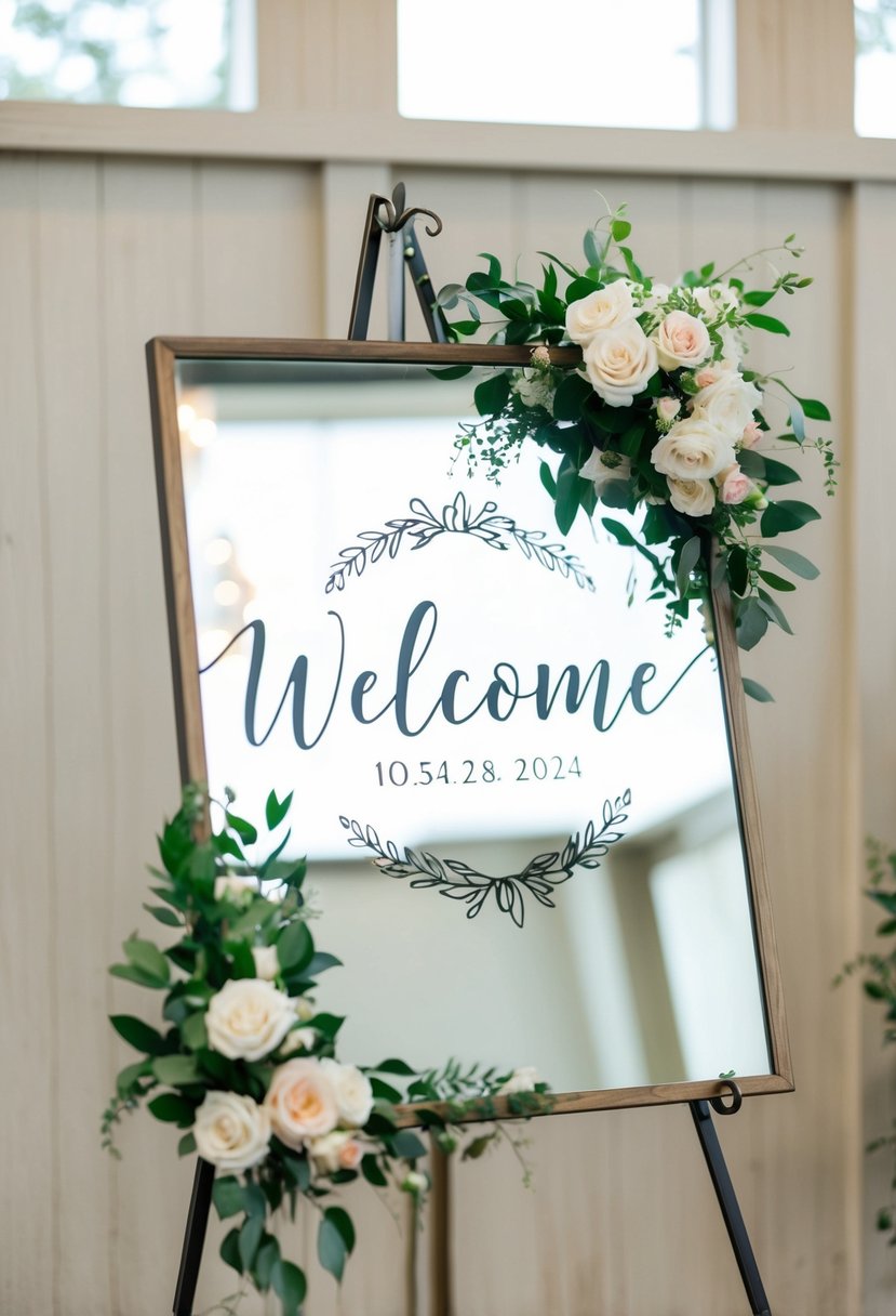 A mirrored welcome sign reflects elegant wedding decor with floral accents and soft lighting