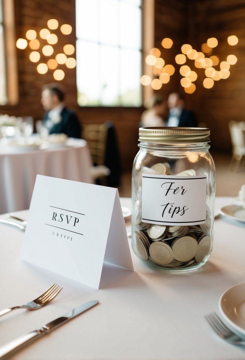 A table with blank RSVP wedding cards and a jar for tips