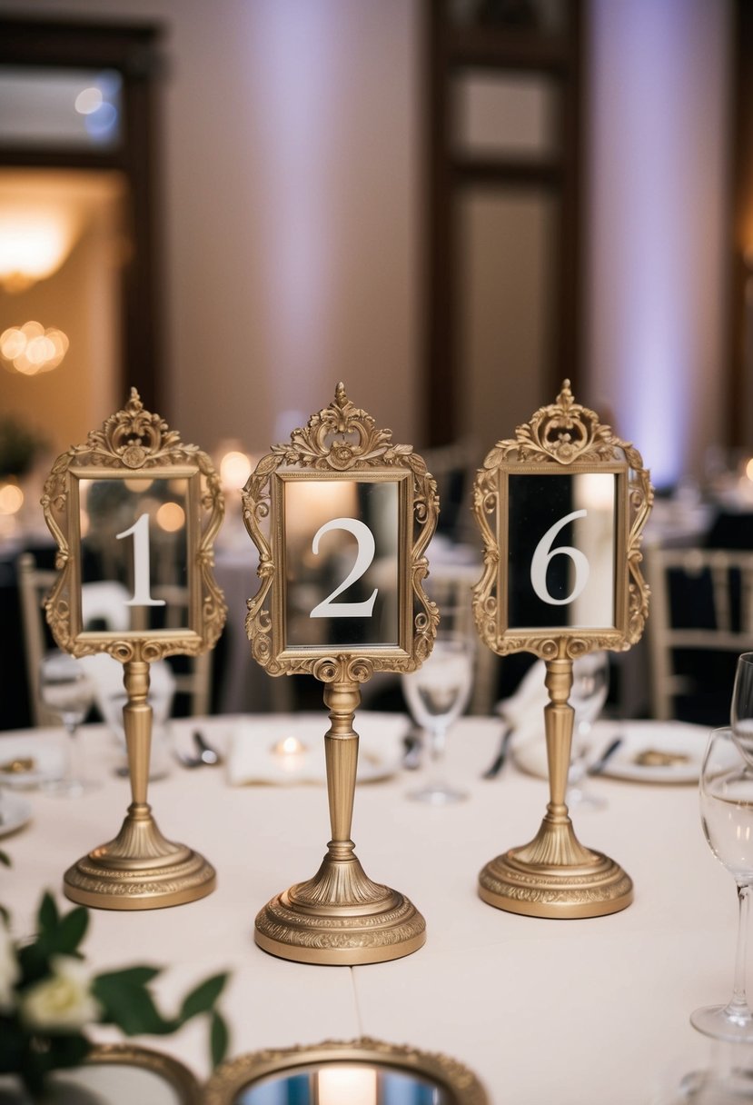 A set of elegant table numbers displayed on ornate mirrors at a wedding reception