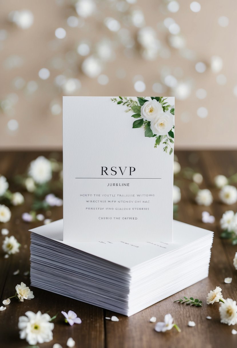 A stack of elegant wedding invitations with a highlighted RSVP deadline, surrounded by a scattering of delicate floral decorations