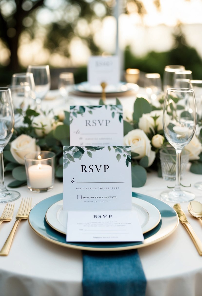 A table set with elegant wedding RSVP cards, surrounded by coordinating theme elements