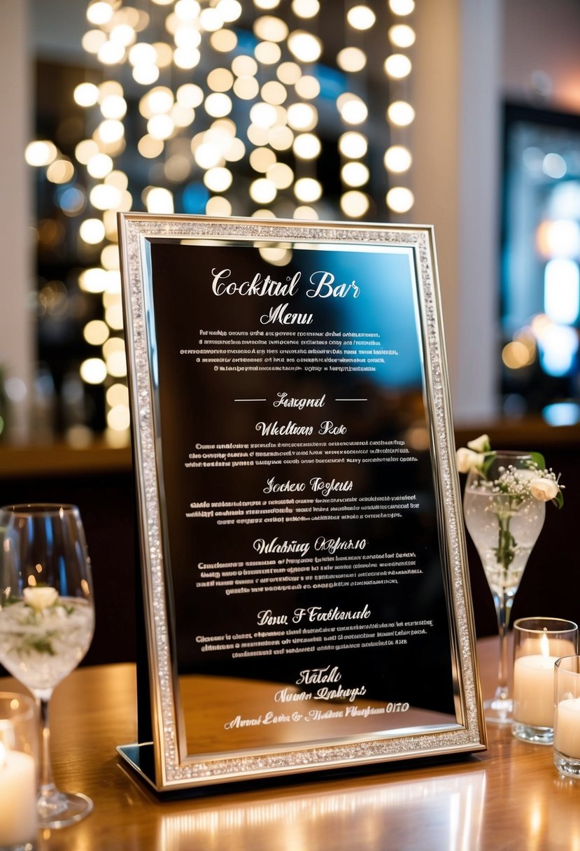 A sleek mirror cocktail bar menu with elegant wedding-themed designs and decorative elements