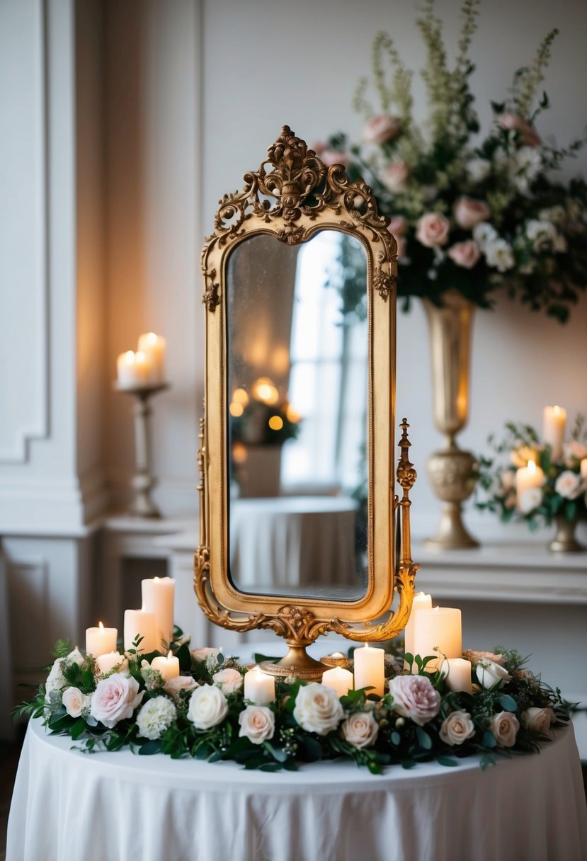 An ornate antique mirror with a gold frame stands on a table, surrounded by elegant floral arrangements and softly glowing candles