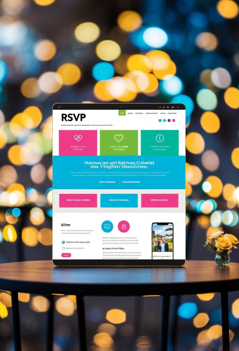 Colorful digital RSVP website with wedding theme, featuring interactive buttons and playful designs