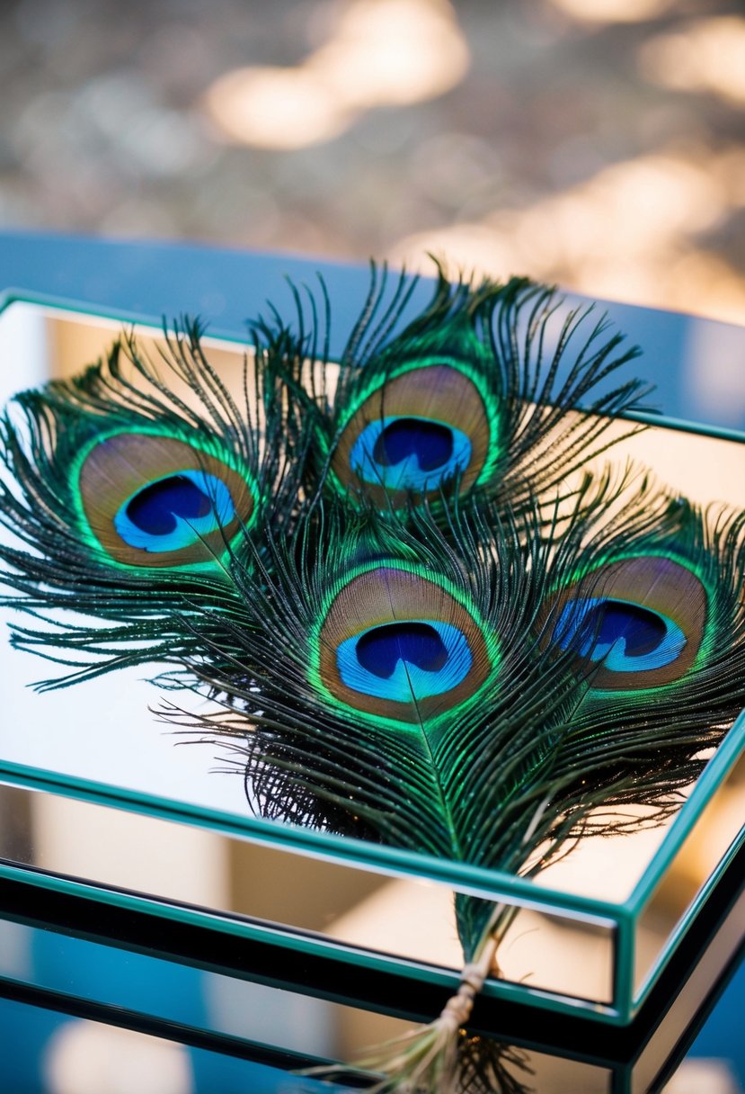 Vibrant peacock feathers arranged on a reflective mirror surface, creating an elegant and eye-catching wedding decor idea