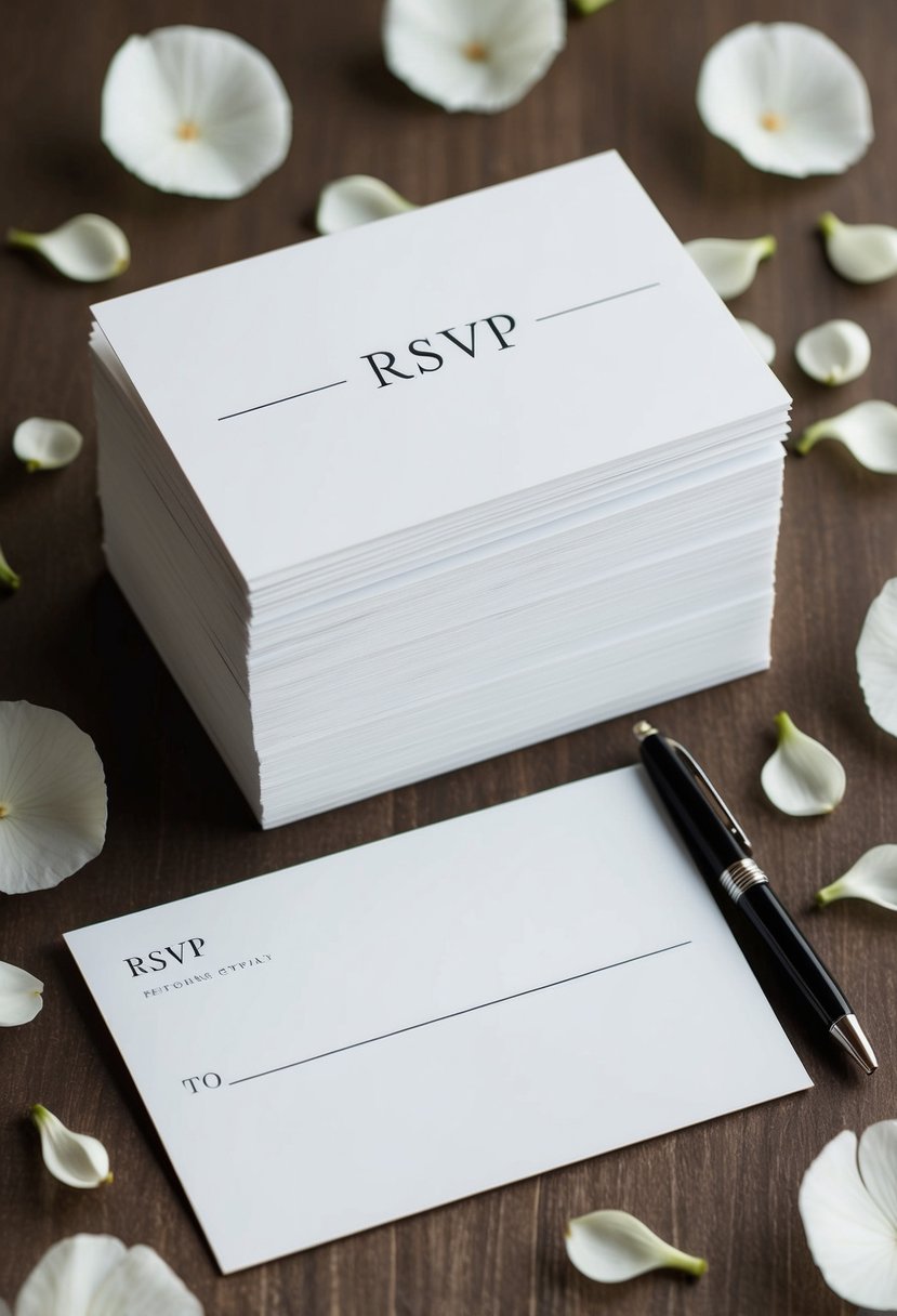 A stack of elegant wedding RSVP cards with a blank space for a personal message, surrounded by a scattering of delicate flower petals and a sleek pen