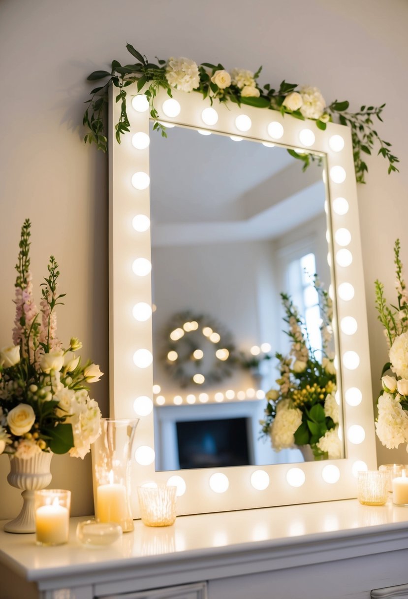 Bright, elegant mirrors with chalk-style lettering, surrounded by delicate floral arrangements and soft candlelight