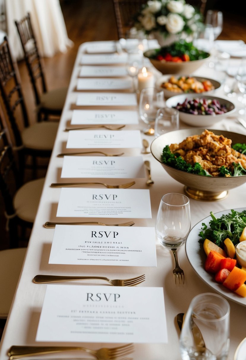 A table with various meal options displayed on elegant RSVP wedding cards