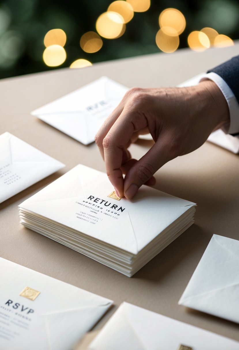 A hand placing stamps on a stack of return envelopes for RSVP wedding cards