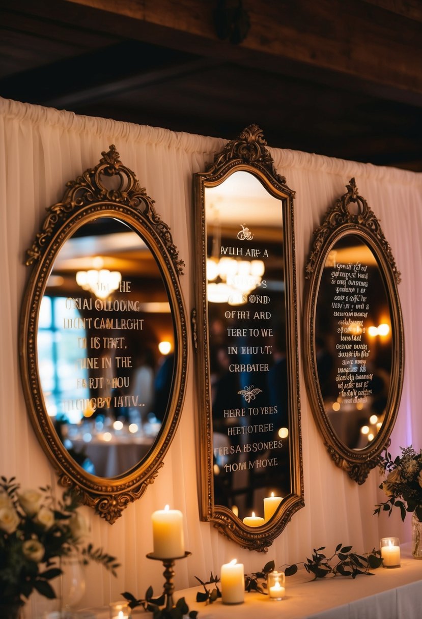 Vintage mirrors adorned with romantic quotes, reflecting soft candlelight in a dimly lit wedding reception