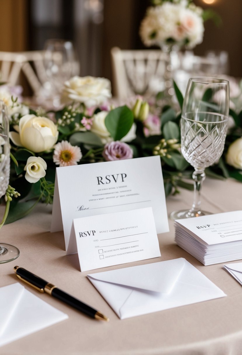 A table with elegant wedding RSVP cards and a pen, surrounded by floral decorations and a stack of envelopes