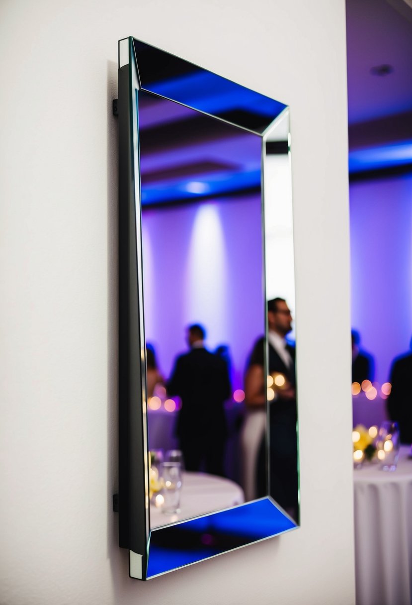 A sleek, geometric mirror hangs on a white wall, reflecting the vibrant colors of a modern wedding reception