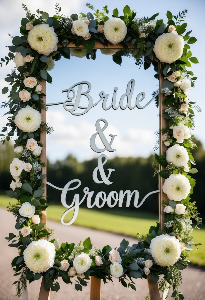 A beautifully decorated mirror sign with the names of the bride and groom surrounded by intricate floral designs