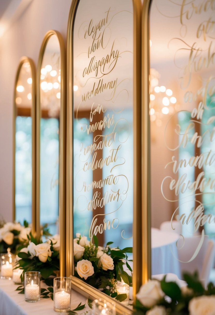 Elegant calligraphy adorns multiple mirrors at a wedding, reflecting soft light and creating a romantic ambiance