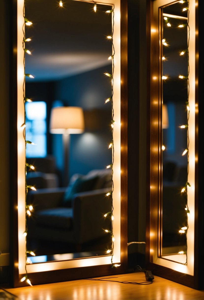 Fairy lights casting reflections on multiple mirrors in a dimly lit room