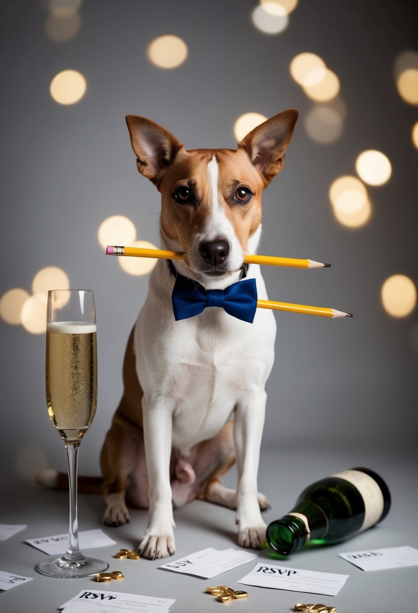 A dog wearing a bowtie, holding a pencil in its mouth, surrounded by scattered RSVP cards and a spilled glass of champagne