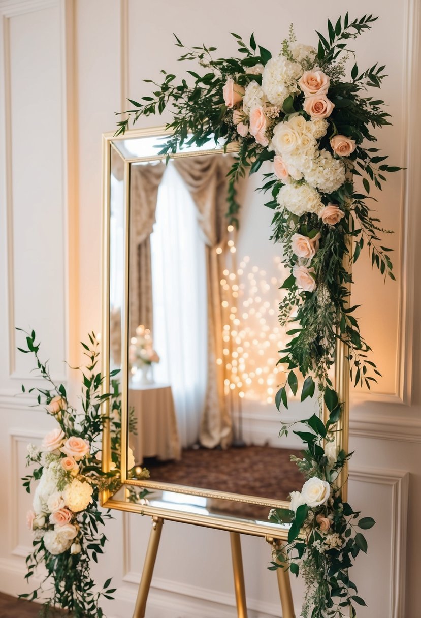 A wedding mirror photo booth backdrop with elegant floral arrangements and soft romantic lighting