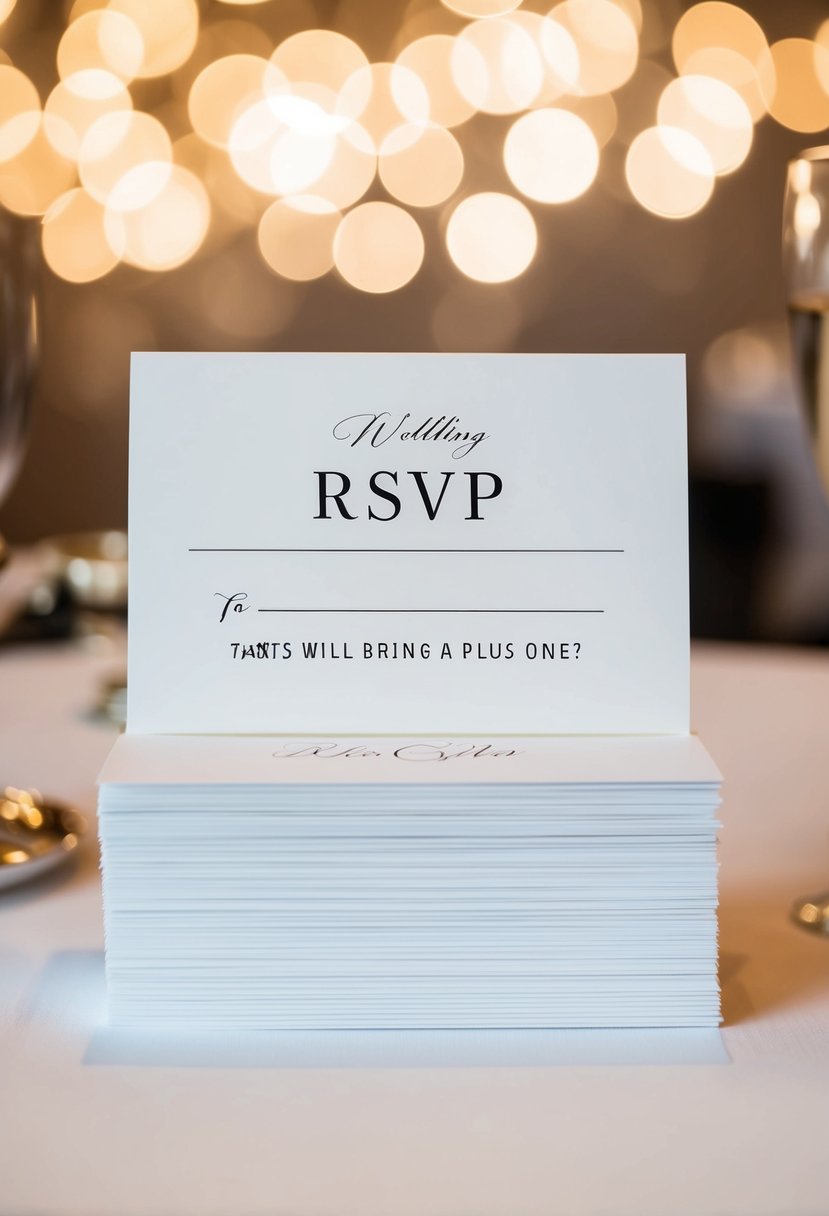 A stack of elegant wedding RSVP cards with a blank space for guests to indicate whether they will bring a plus one