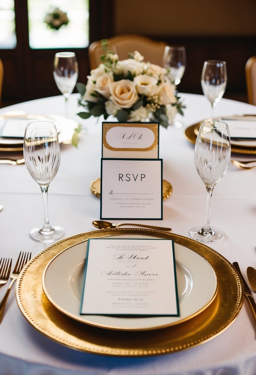 A table set with elegant wedding invitations and matching RSVP cards