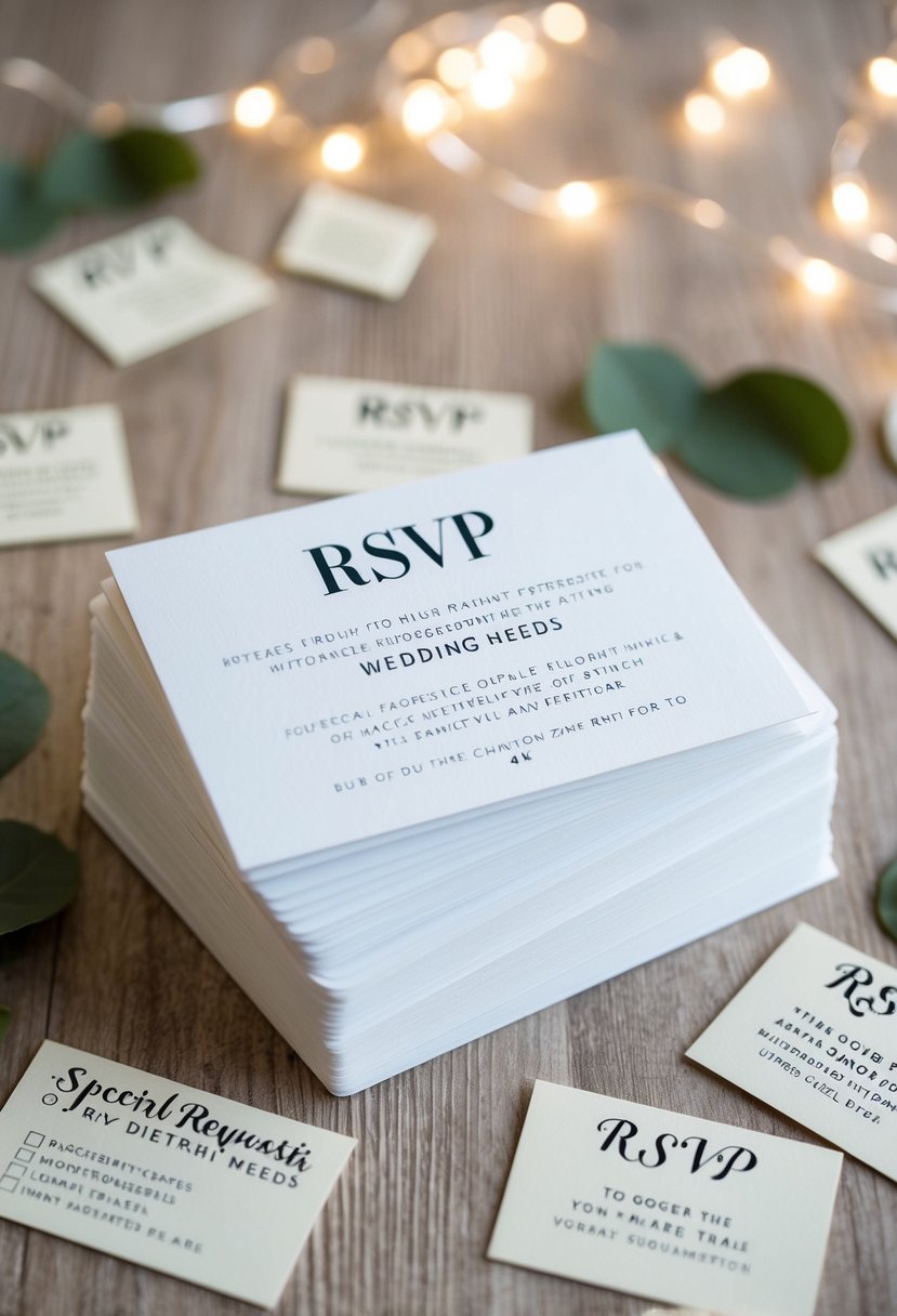 A stack of RSVP wedding cards with a section for special requests and dietary needs, surrounded by decorative tips and suggestions